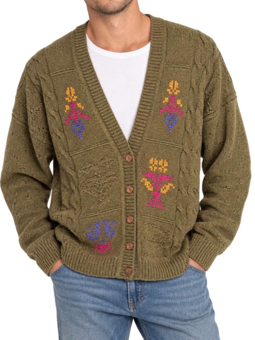Vintage Woods & Gray Embroidered Knit Cardigan Sweater Olive Green Grandpacore